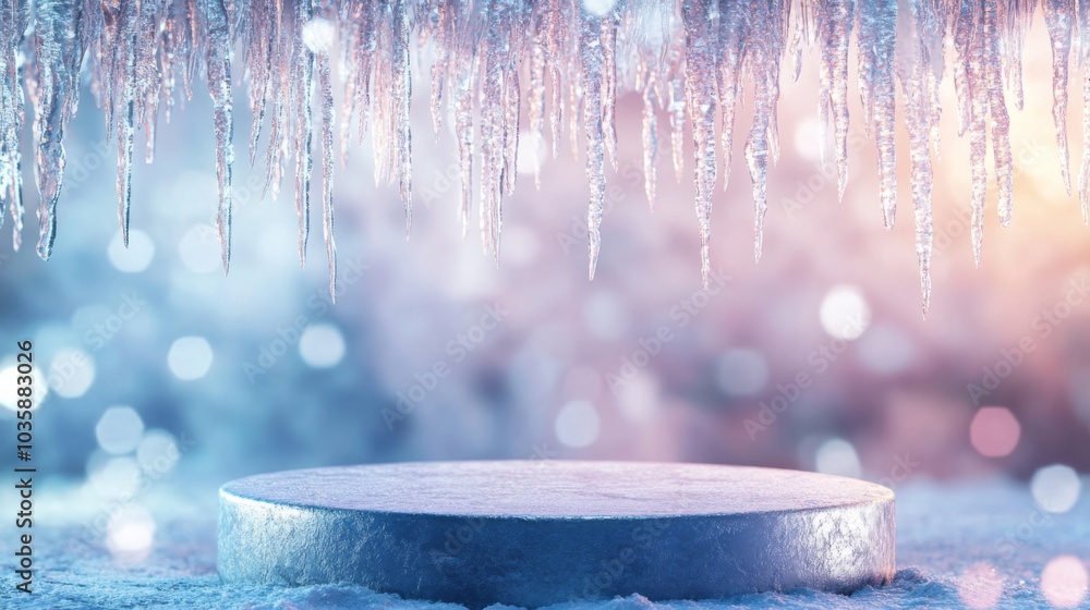 Leinwandbilder a circular platform covered in frost sits on a snowy surface. icicles hang above the platform, creat