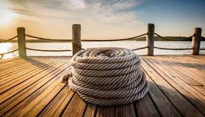 Naklejka premium rope coiled on a wooden dock