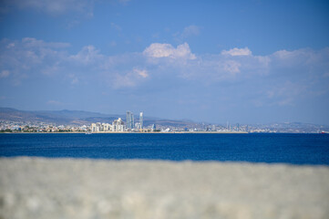 The panoramic view Limassol Marina with yachts and beautiful buildings in Cyprus