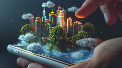 A digital landscape of a vibrant city emerging from a smartphone in a creative urban concept