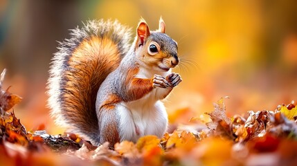 Close-up of a squirrel (Sciurus vulgaris) grazing in a colorful fall woodland. The scene perfectly depicts the animal's surroundings' vibrant fall foliage colors. 