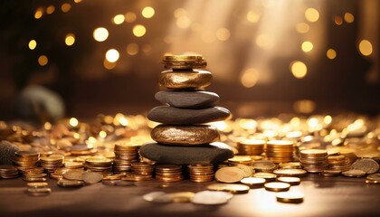 Obraz premium serene meditation space featuring stacked stones surrounded by shimmering gold coins creating tranquil atmosphere for relaxation and mindfulness