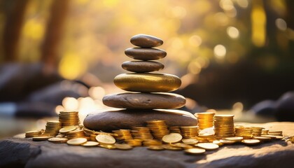 Obraz premium serene meditation space featuring stacked stones surrounded by shimmering gold coins creating tranquil atmosphere for relaxation and mindfulness