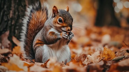 Close-up of a squirrel (Sciurus vulgaris) grazing in a colorful fall woodland. The scene perfectly depicts the animal's surroundings' vibrant fall foliage colors. 