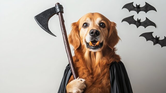 A mutilated dog with a Halloween scythe. A scythe is held by a golden retriever who sits on a white background with bats. 