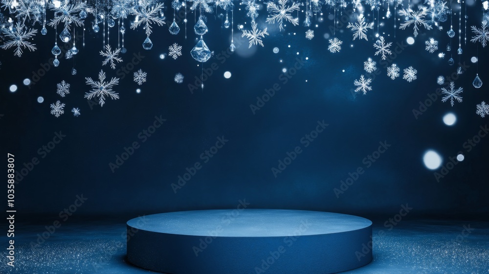 Aufkleber The setting features a circular platform surrounded by a blue background adorned with sparkling snowflakes and hanging decorations, designed for winter-themed events or performances.