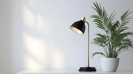 Modern desk lamp with black shade and gold stem next to minimalist white planter with tropical palm, clean interior styling