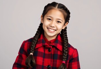 Happy Girl with Braids in Red Plaid Jacket Portrait Photo