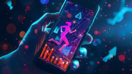 A person holds a smartphone displaying an animated running app with fitness data and visual effects
