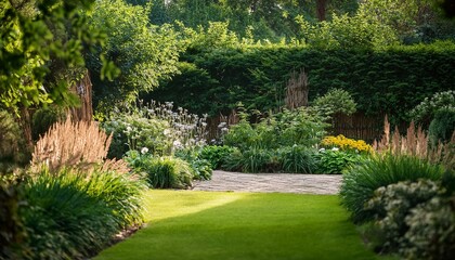 Naklejka premium summer garden with lush greenery and groundcover foliage
