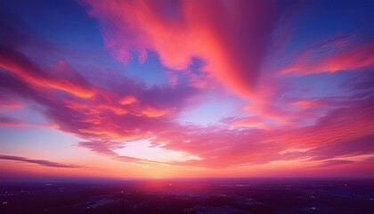 Fototapeta premium sunset cloudscape panoramic with rich purple and pink tones blending into orange at horizon tranquil evening sky view natural dusk setting soft wispy cloud formation twilight backdrop ai