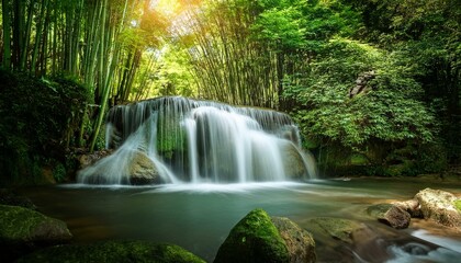 tranquil waterfall in a lush bamboo forest