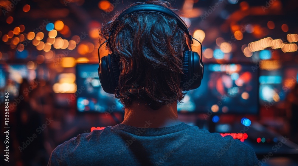 Poster a focused gamer wears headphones while engaging in a competitive match at an energetic esports event