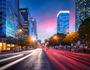 Obraz premium vibrant city street illuminated by colorful lights at dusk