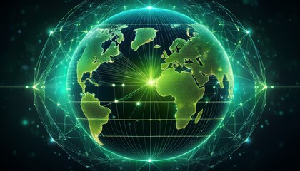 vibrant globe illustration showcasing interconnected green continents symbolizing environmental awareness and global connectivity design features network of lines and dots representing data and