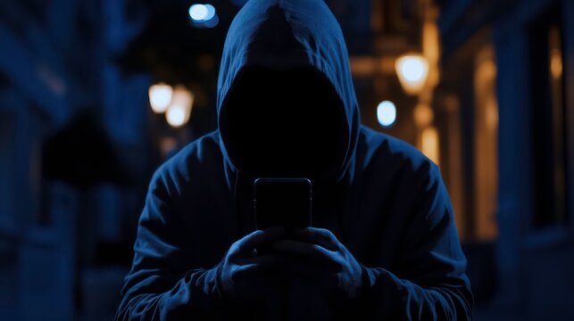 A person in a hooded sweatshirt uses their smartphone in a dimly lit urban setting.