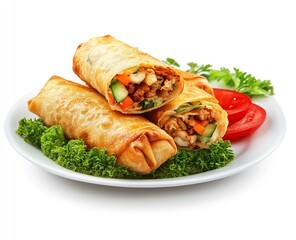 Crispy spring rolls filled with savory meat and vegetables, served on a white plate with a garnish of fresh greens and tomato slices.
