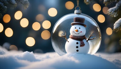 winter scenery with a snowman in a glass holiday bauble in the snow with a background of bokeh lights