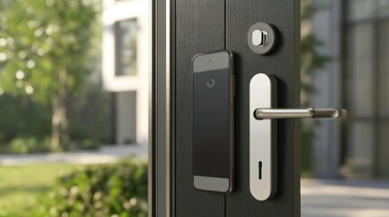 A smartphone is used to unlock a modern door with a digital lock.