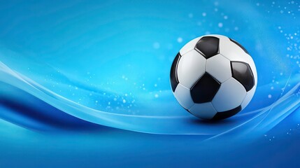 A classic black and white soccer ball sits on a blue background with white, abstract waves and a slight sparkle effect.