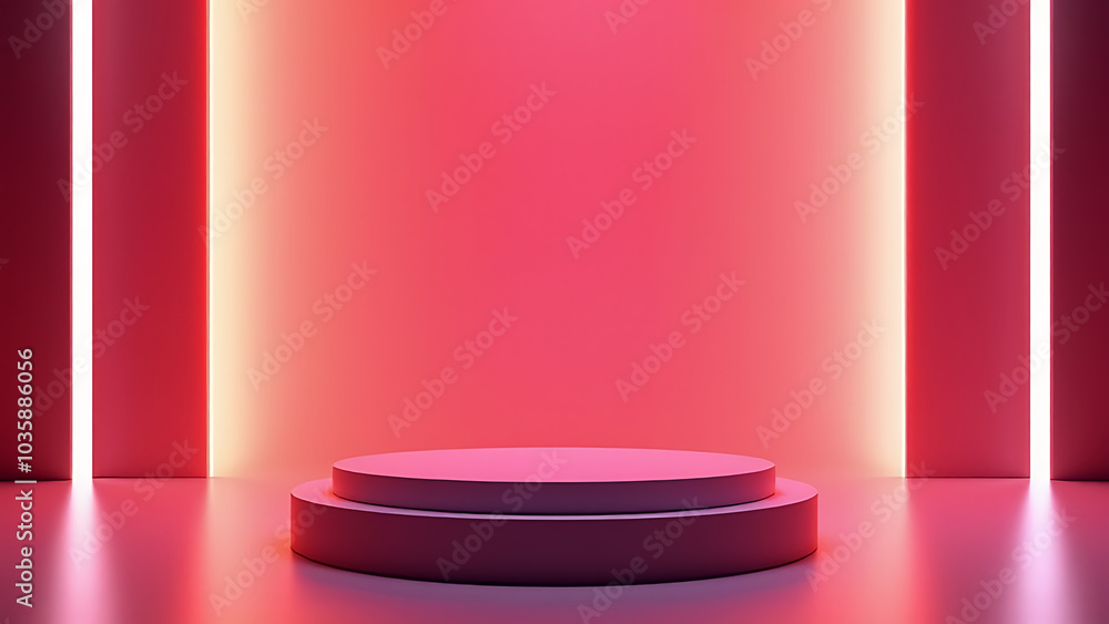 Poster Empty minimalist podium against a bright neon background showcases potential for product display in an elegant and modern design concept.