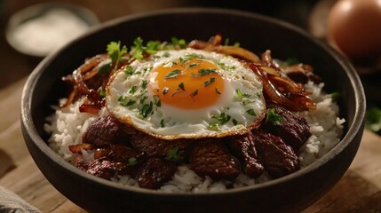 Delicious Bowl of Rice with Beef and Fried Egg