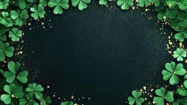 Green shamrock leaves frame with gold glitter on black background, perfect for Saint Patrick's Day celebration.