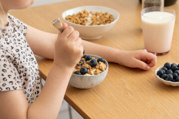 The girl has granola with yogurt and berries for breakfast on the table. 