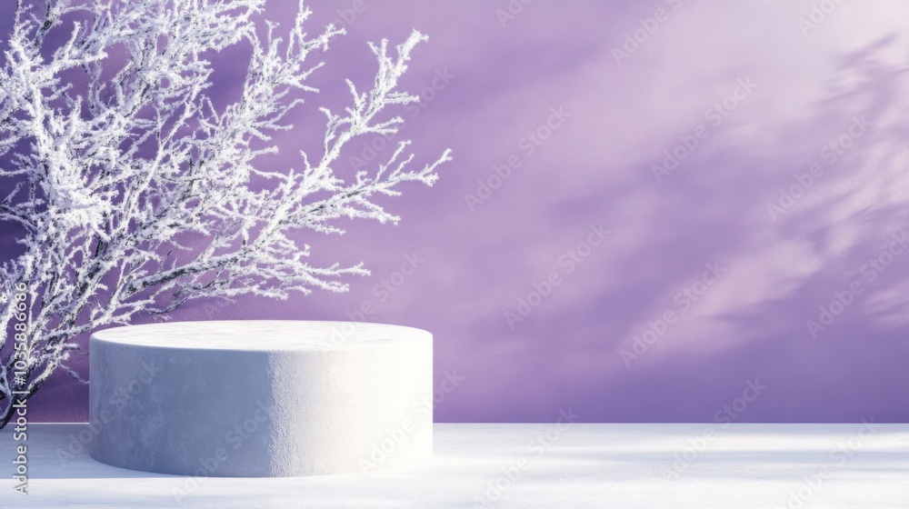 Aufkleber a snowy tree stands beside a circular pedestal on a light surface, creating a serene winter ambiance