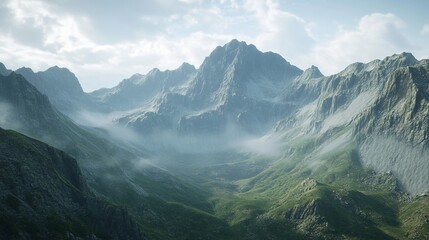 High-angle view of verdant mountains and rocky landscape with a clear blue sky and notable peak
