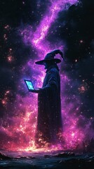 Cosmic Wizard Using Technology in a Magical Galaxy Scene