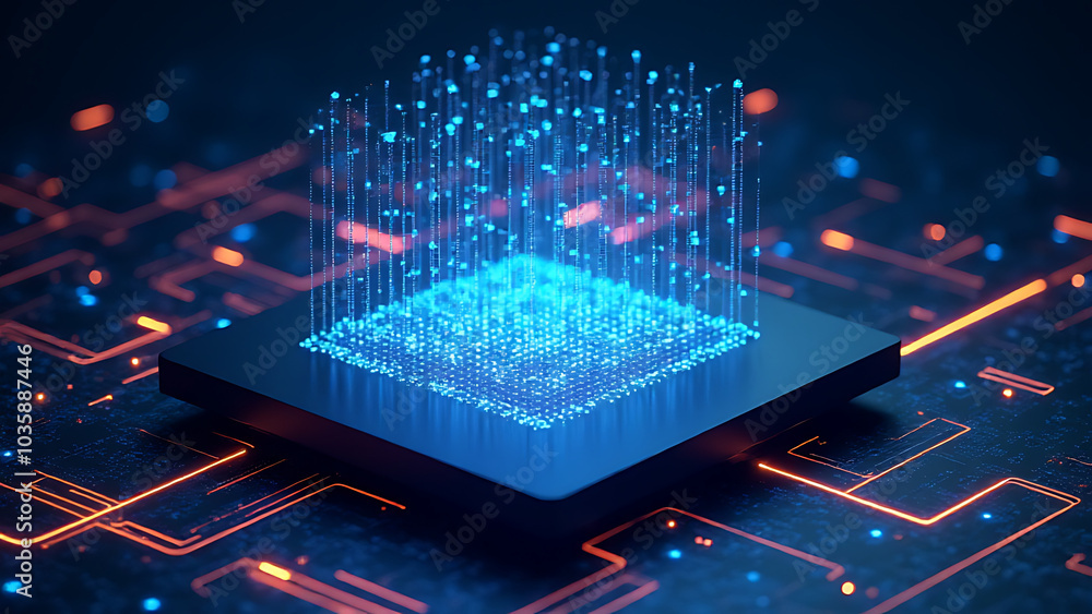 Poster Floating grid boosts skill building in AI technologies digitally, ideal for tech ads and presentations on futuristic podiums.