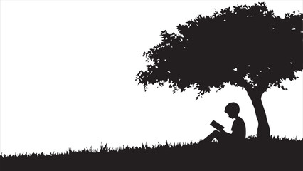 A boy reading under a tree, his shadow forming an outline of him and his book on the ground. white background.

