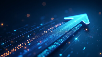 Future tech design features floating arrows and ample space for business content creation.