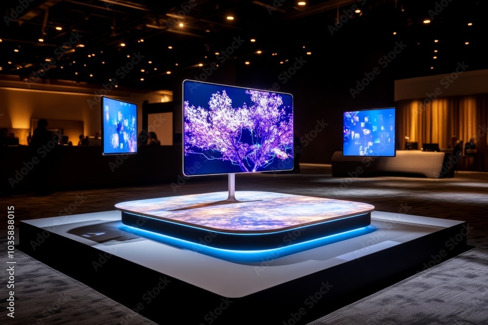 Poster a holographic workspace setup, with virtual screens floating in the air