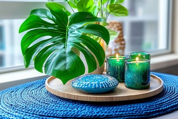 A home office decorated with plants and candles, creating a calm and inspiring workspace