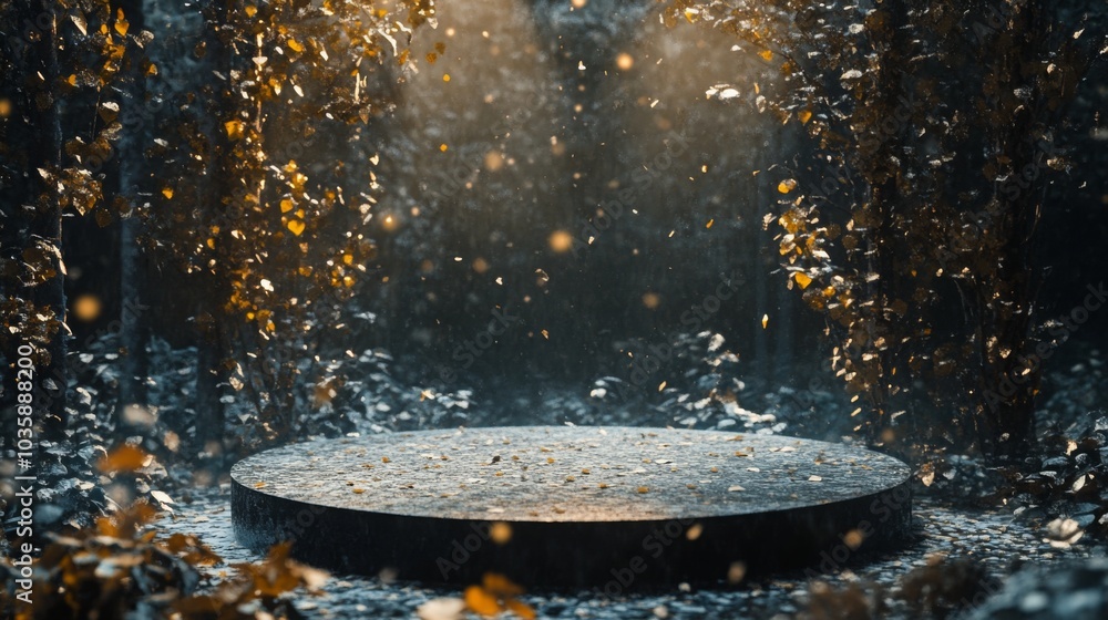 Aufkleber a round stone platform sits in a forest with golden leaves falling down and a shaft of light shining