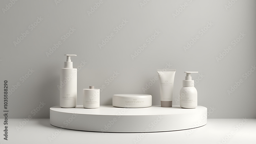 Aufkleber gant display features sleek podium on soft grey backdrop showcasing products in minimalist style with clean and simple aesthetic design elements.