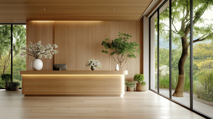 Fototapeta premium A sleek, modern minimalist hotel reception desk design featuring a combination of light wood and white materials. The clean lines of the reception counter are complemented by the s