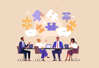 Business Team Brainstorm concept. Contemporary flat style abstract vector illustration of a group of diverse people at a desk leading a discussion with puzzle pieces above their heads.