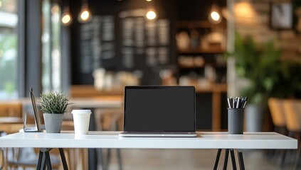 Modern office desk with open laptop and coffee mug, blurred co-working space background