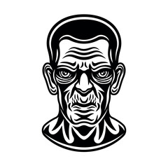 Halloween monster head frankenstein vector illustration in monochrome black style isolated on white background