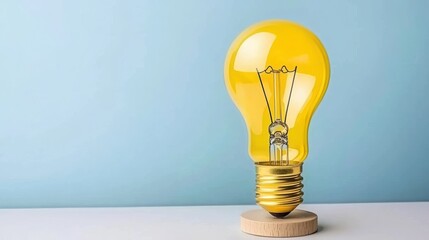 Bright yellow light bulb on wooden base against a soft blue background, symbolizing creativity and innovation.