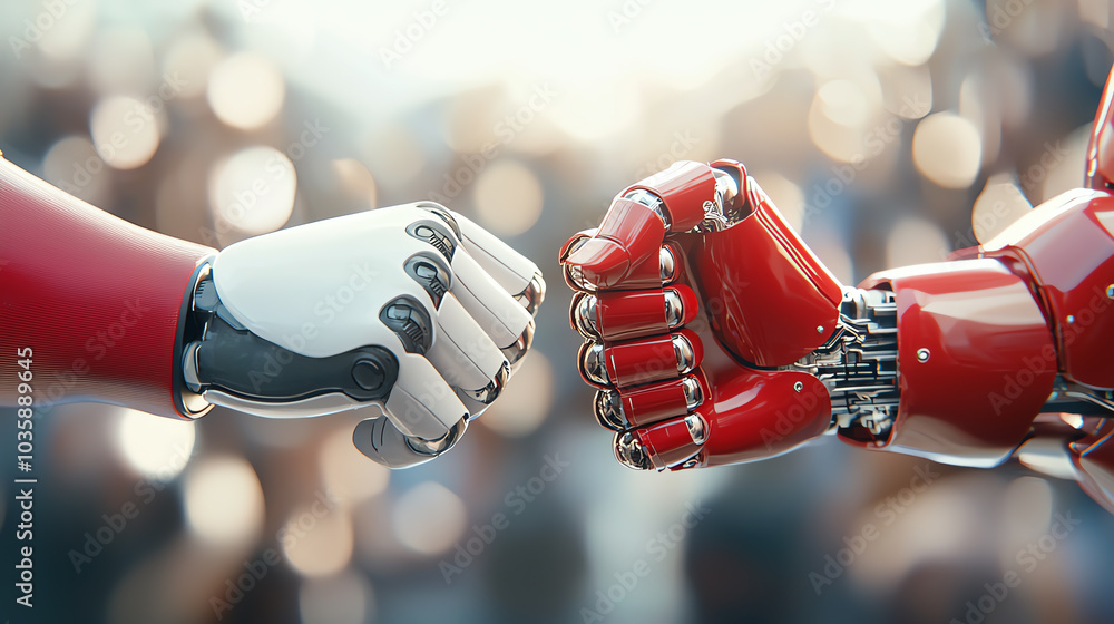 Poster the futuristic faceoff a dynamic encounter between robotic hands symbolizing innovation and collabor
