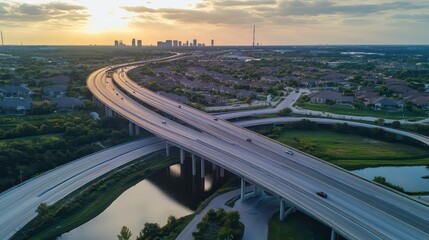 Fototapeta premium Aerial view of a highway interchange with a city skyline in the distance at sunset.