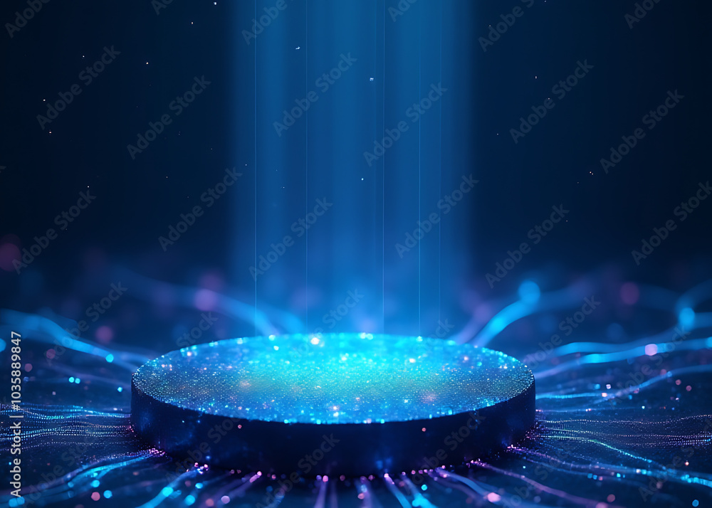 Poster Glowing neural paths project on futuristic podium for tech presentations with ample copy space.