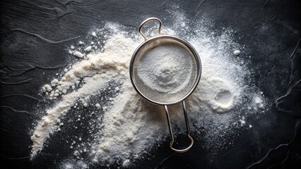 Flour, sieve and question mark on black background
