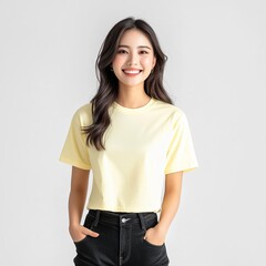 Fototapeta premium Girl wearing soft yellow crop t-shirt, professional studio, clean background mockup