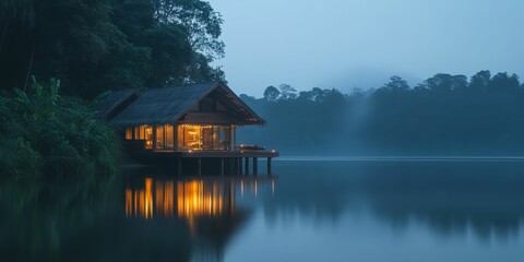 Fototapeta premium Lighted cabin on stilts over water.
