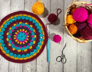 Crocheting, bright multicolor photo with scissors decor handmade handiwork craft hobby 